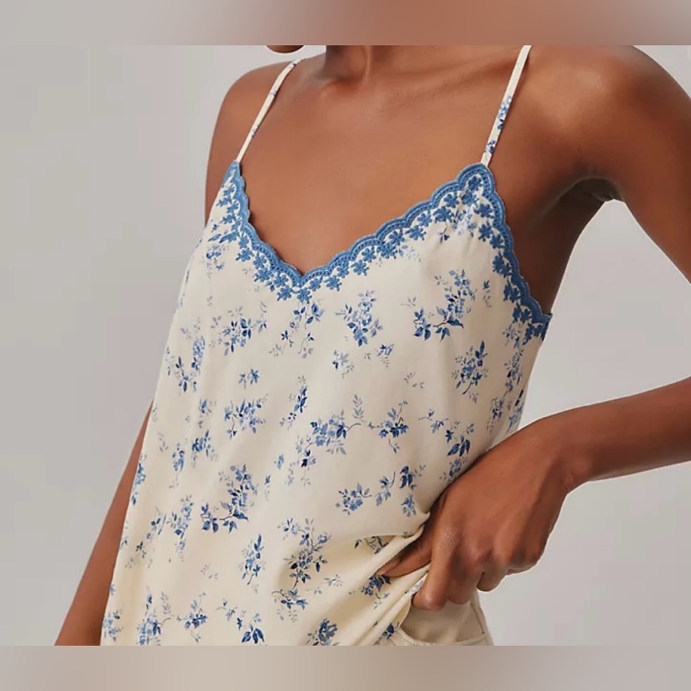 Reformation Cream Floral Lace-Trim Cami with Blue Print